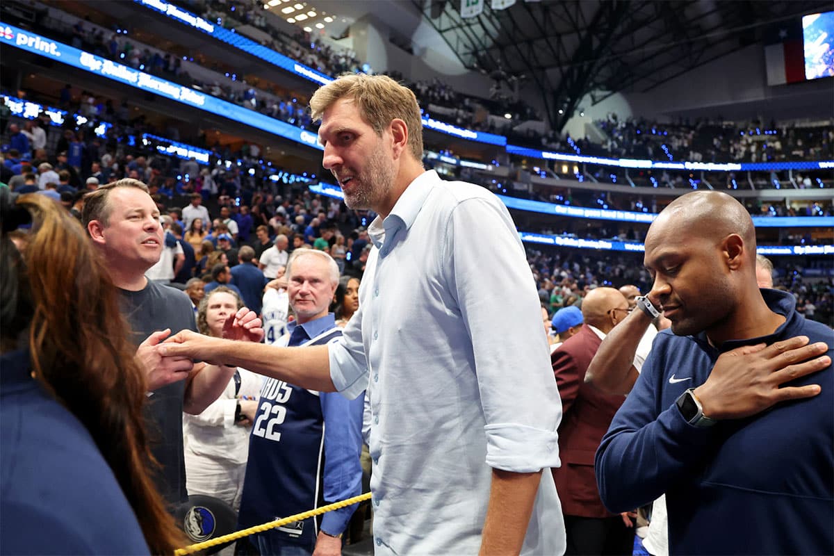 Dallas Mavericks former player Dirk Nowitzki walks off the court after their loss against the Boston Celtics in game three of the 2024 NBA Finals at American Airlines Center.