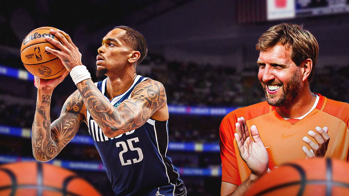 Mavericks' PJ Washington shooting a basketball on left. Dirk Nowitzki (normal clothes) on right smiling.
