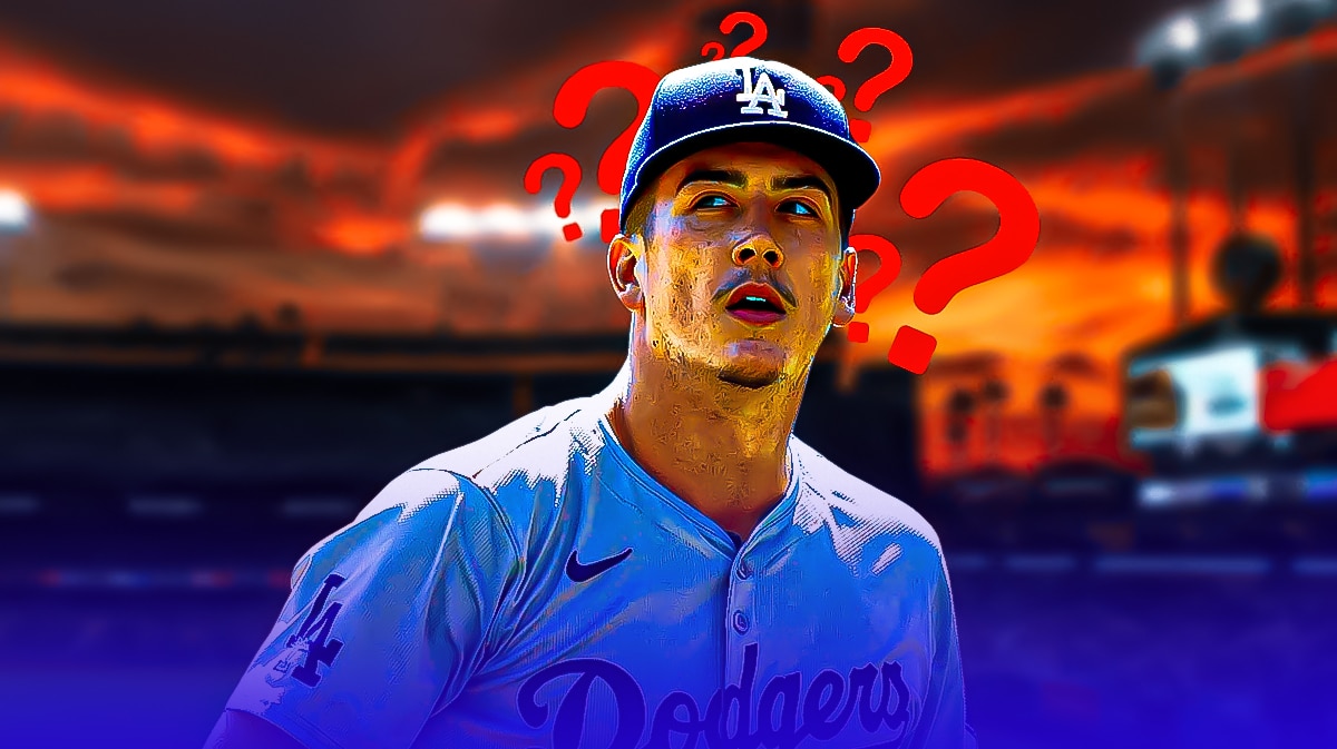 Dodgers' Bobby Miller looking serious in front. Close-up image. Place question marks in background.
