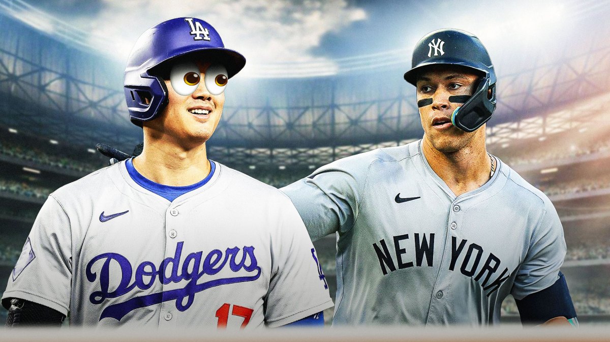 Shohei Ohtani with big eye emojis. Aaron Judge. Yankee Stadium in the background