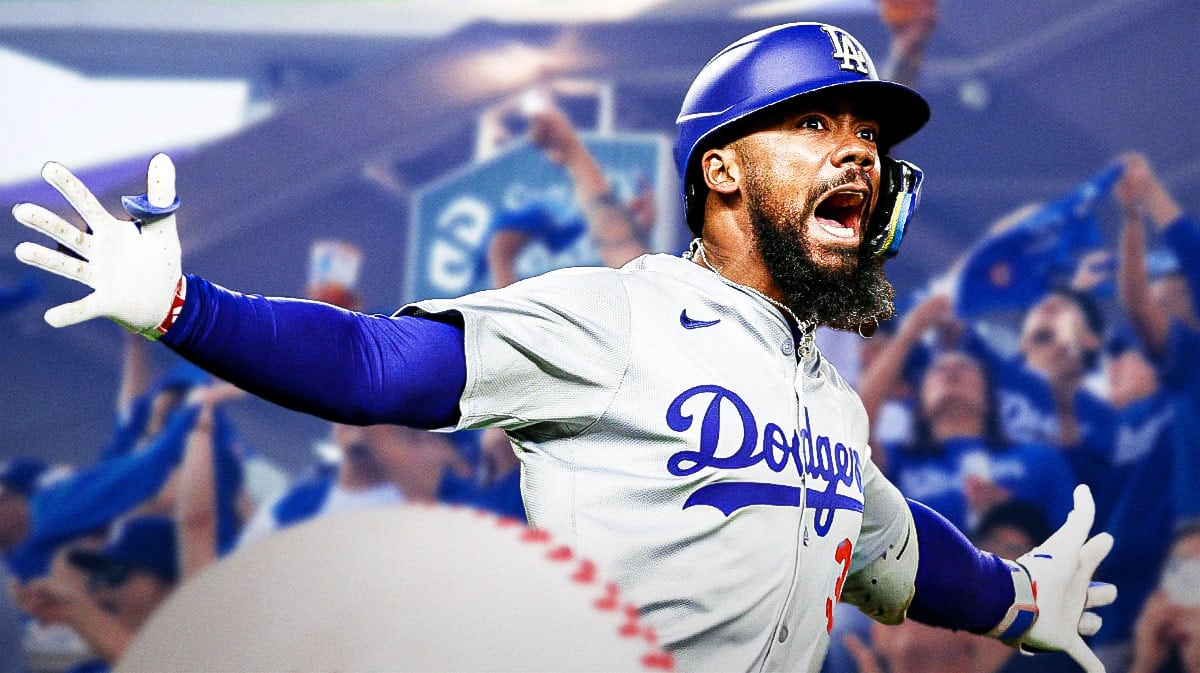 Teoscar Hernandez on one side, a bunch of Los Angeles Dodgers fans on the other side with stars in their eyes