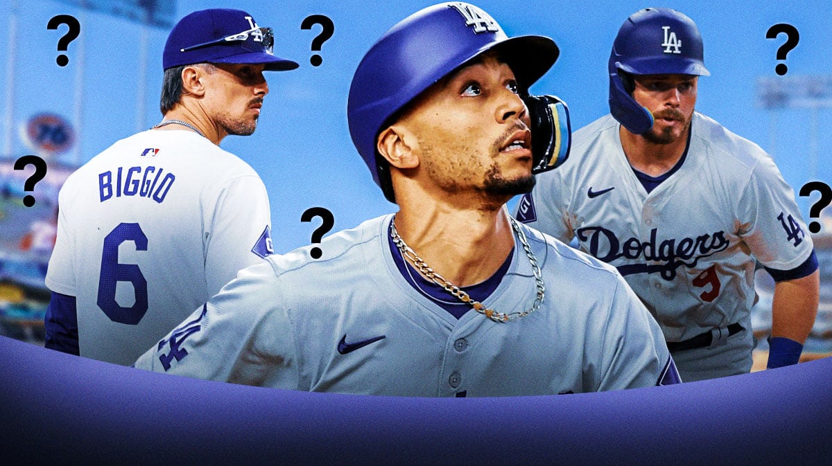 Dodgers Mookie Betts, Dodgers Gavin Lux, Dodgers Cavan Biggio with question marks all around them.
