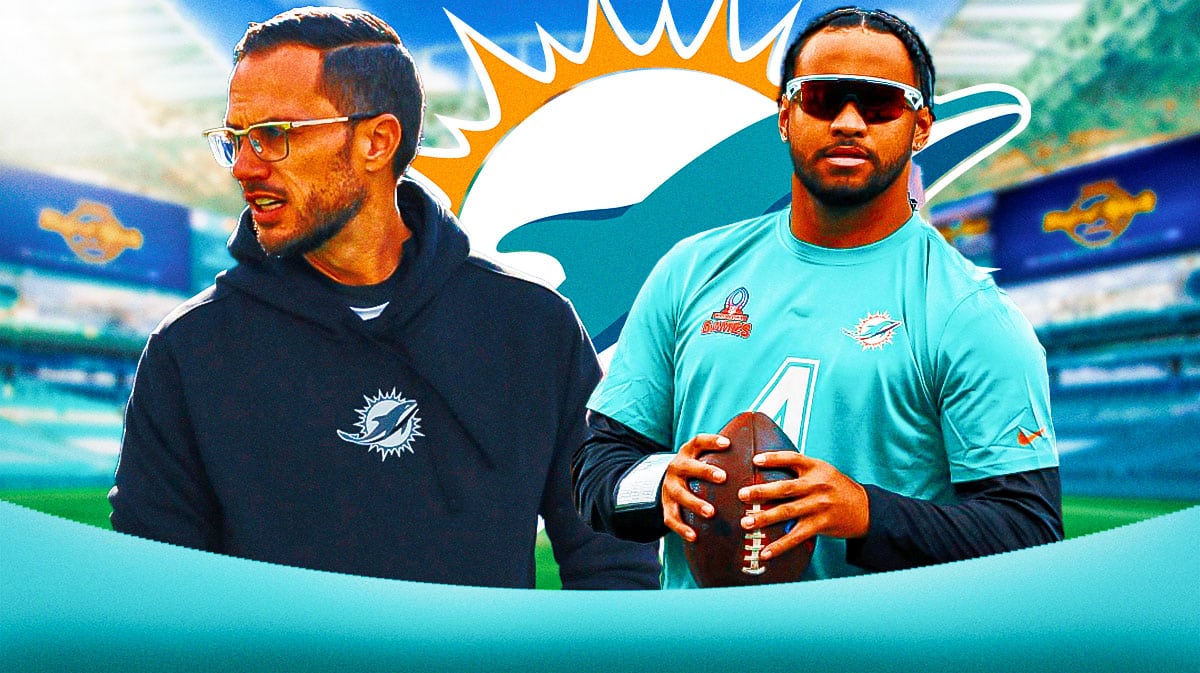 Miami Dolphins head coach Mike McDaniel with QB Tua Tagovailoa. There is also a logo for the Miami Dolphins.