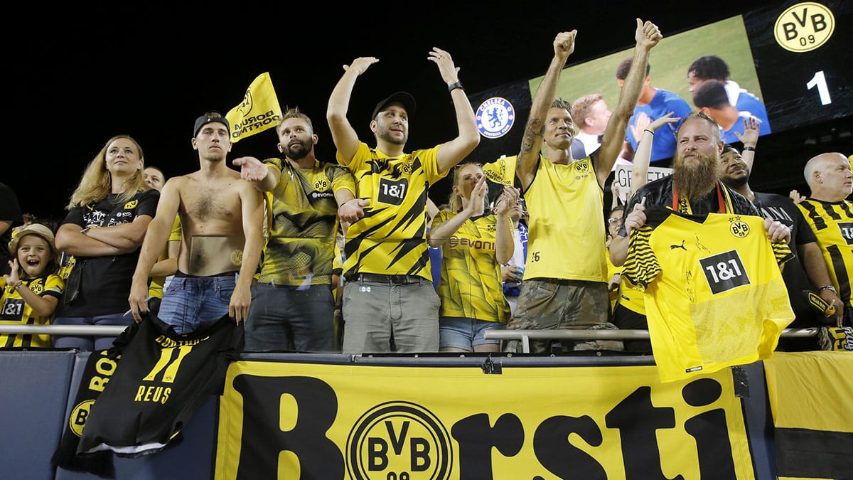 Borussia Dortmund fans cheer after the game against Chelsea at Soldier Field