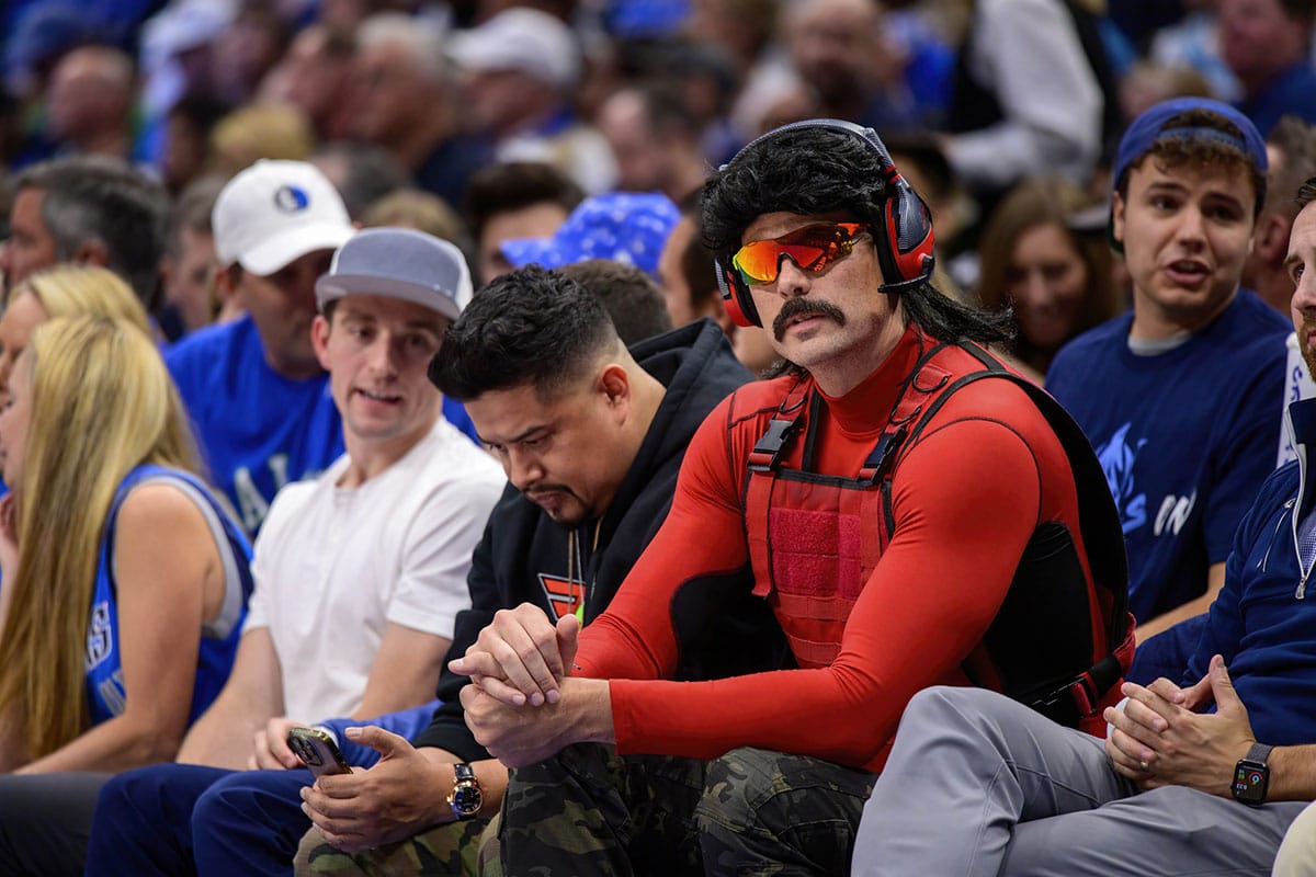 Herschel Guy Beahm also known as professional video game streamer Dr Disrespect watches the game between the Dallas Mavericks and the Golden State Warriors in game three of the 2022 western conference finals at American Airlines Center.