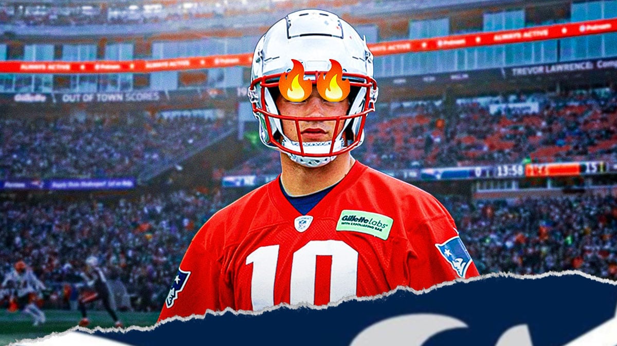 Drake Maye in a Patriots uniform with fire on his eyes