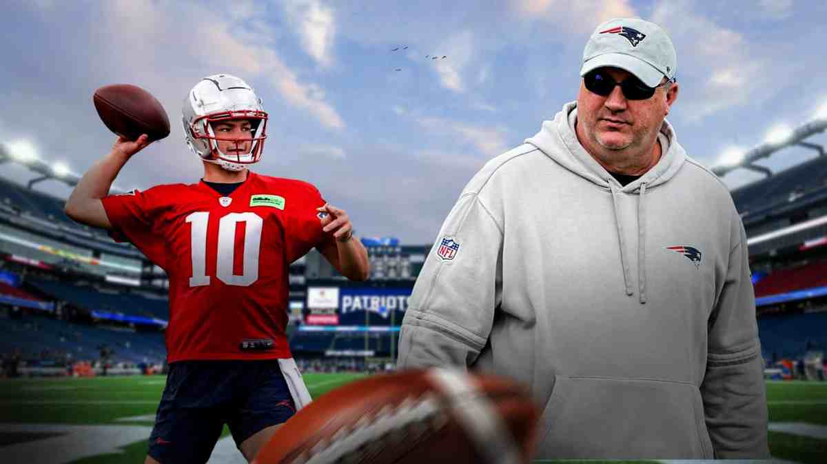 Patriots OC Alex Van Pelt next to Drake Maye looking serious