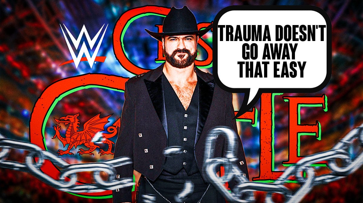 Drew McIntrye with a text bubble reading "Trauma doesn't go away that easy" with the Clash at the Castle logo as the background.