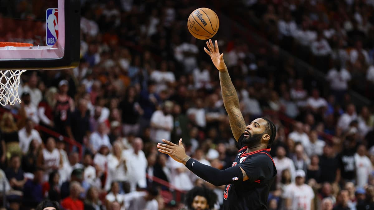 Chicago Bulls center Andre Drummond (3) shoots the basketball against the Miami Heat in the third quarter during a play-in game of the 2024 NBA playoffs at Kaseya Center.