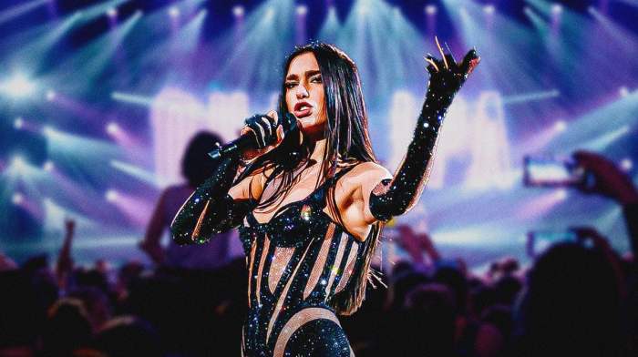 Radical Optimism tour singer Dua Lipa with concert background.