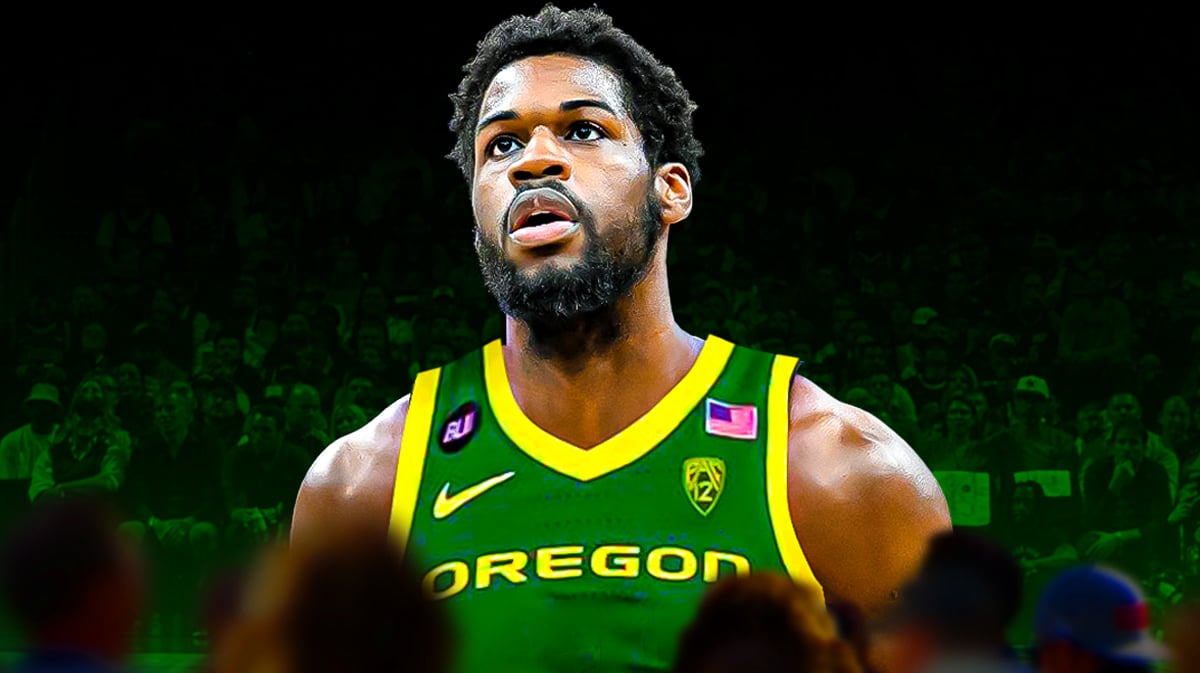 Supreme Cook in an Oregon Ducks jersey with the Oregon logo in the background, transfer portal
