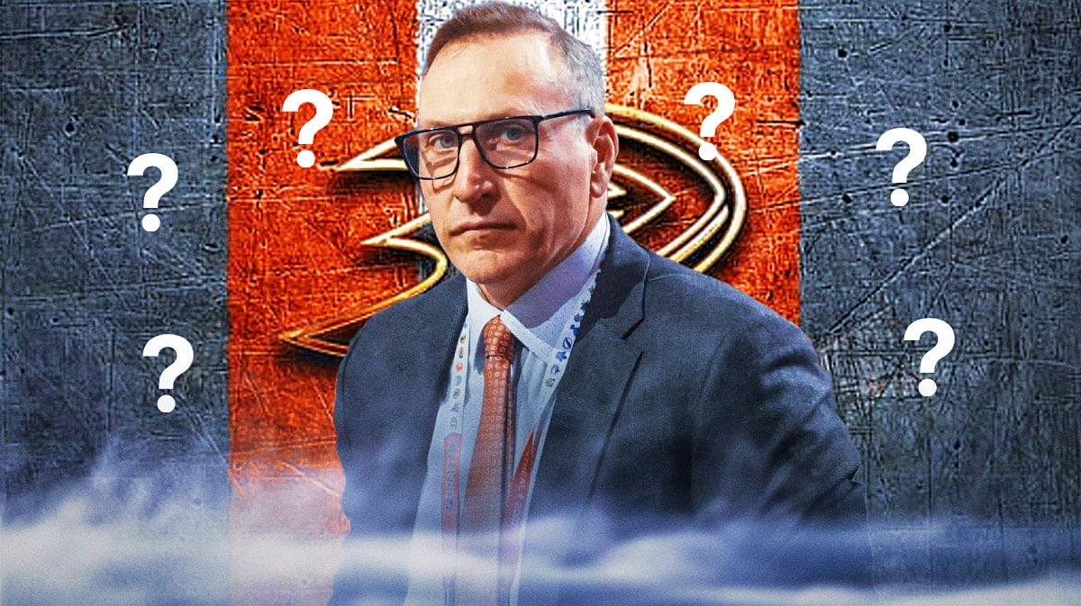 Anaheim Ducks general manager Pat Verbeek with two silhouettes of hockey players with question marks in the middle. There is also a logo for the Anaheim Ducks.