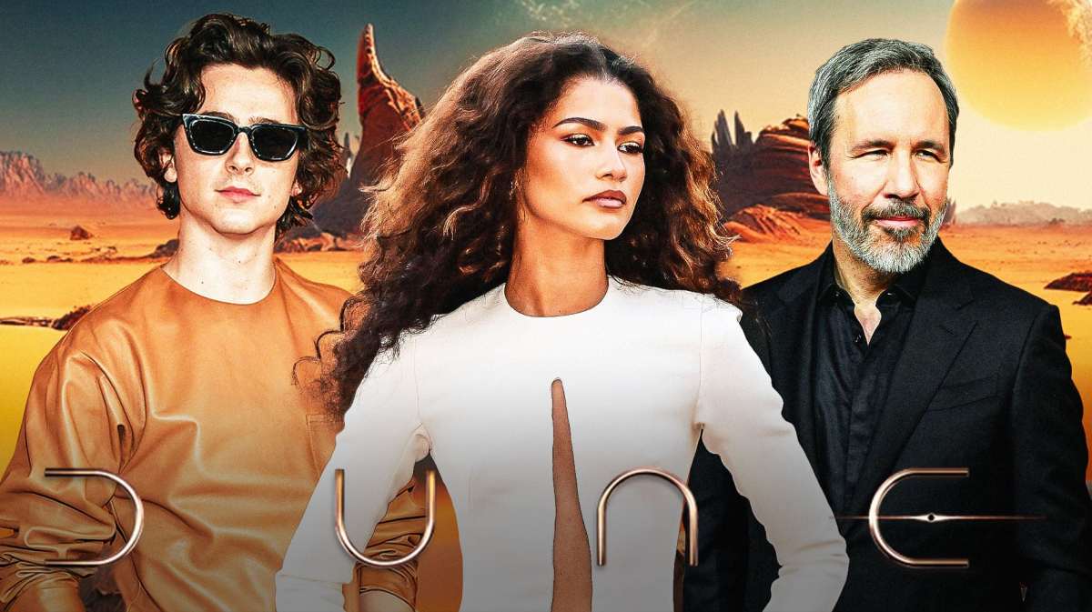 Dune movie logo with stars Timothée Chalamet and Zendaya and director Denis Villeneuve with sand background.