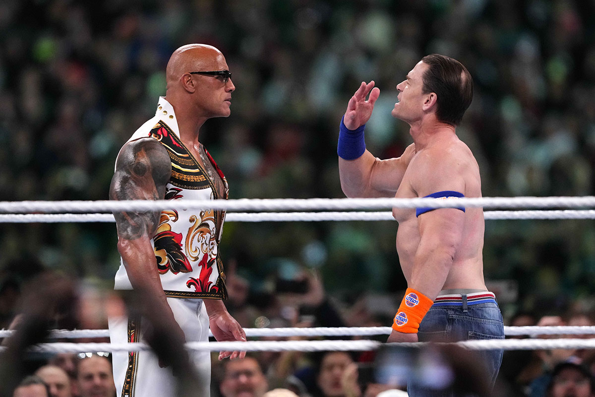 Dwayne "The Rock" Johnson and John Cena square off at WrestleMania 40 on April 7, 2024.