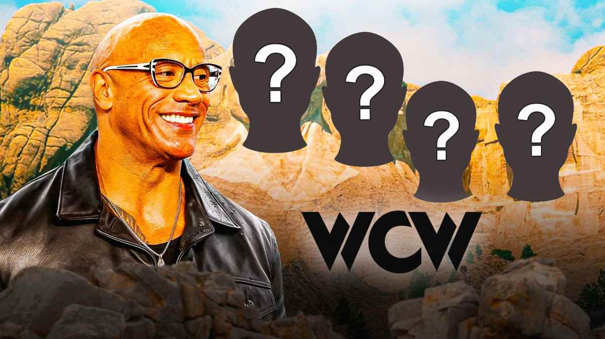 The Rock next to Mount Rushmore with the four faces blacked out and covered with ?s and the letters WCW written under them.