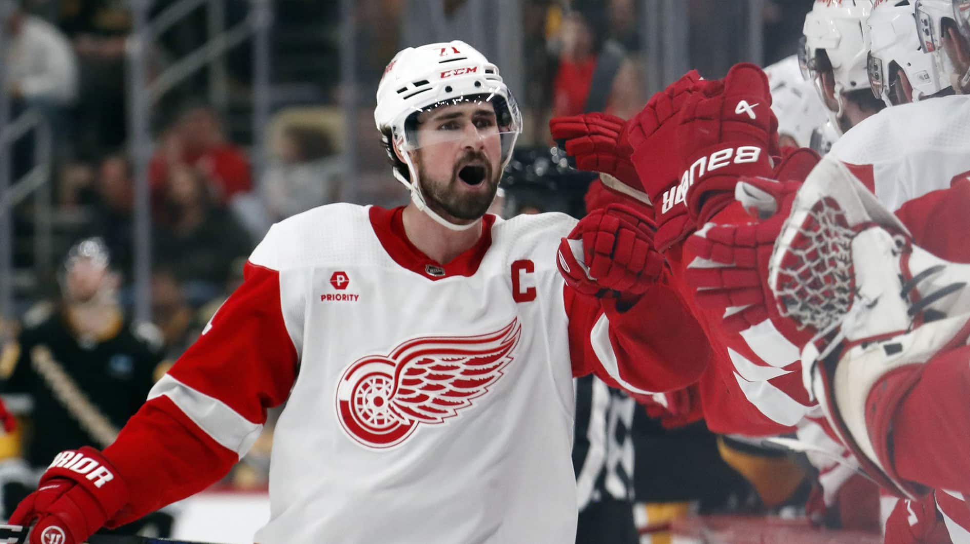 Detroit Red Wings center Dylan Larkin (71) celebrates with the Red Wings bench after scoring a goal against the Pittsburgh Penguins during the third period at PPG Paints Arena. Pittsburgh won 6-5 in overtime.