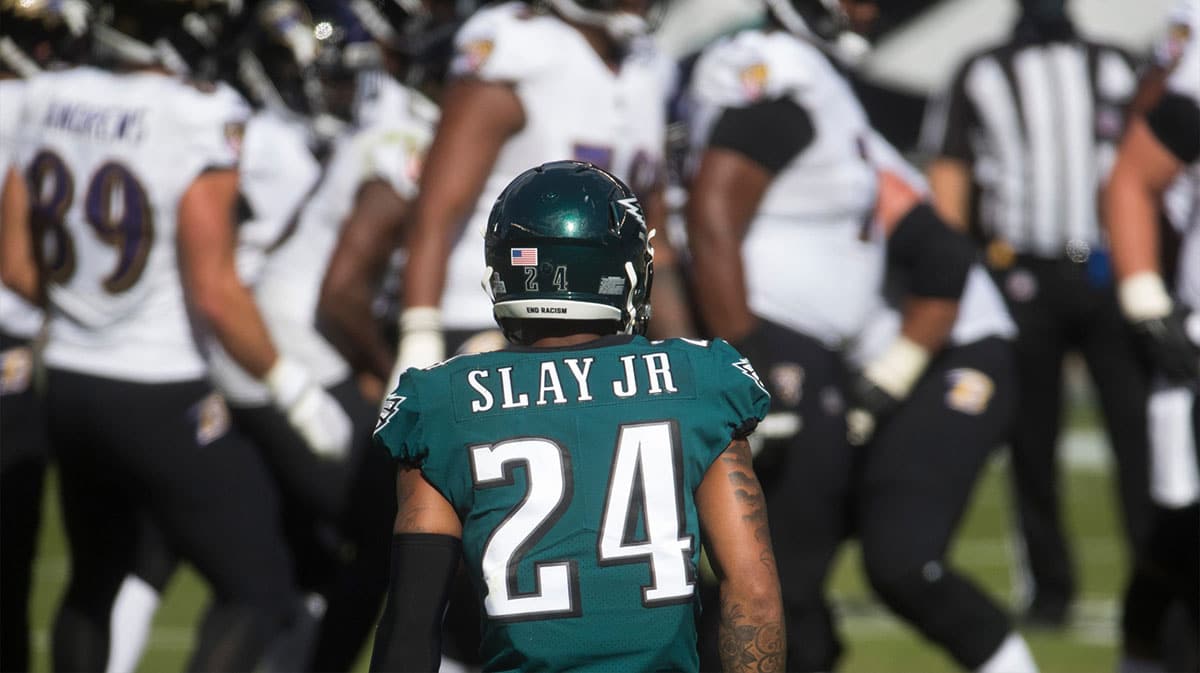Eagles' Darius Slay (24) watches as the Ravens leave the huddle Sunday, Oct. 18, 2020, at Lincoln Financial Field. The Eagles were defeated by the Baltimore Ravens 30-28. Sports Eagles Ravens