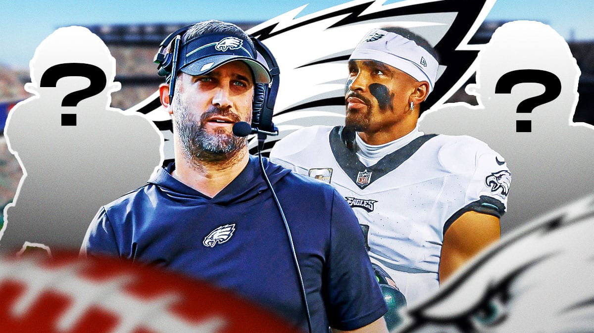 Philadelphia Eagles head coach Nick Sirianni with QB Jalen Hurts and two silhouettes of American football players with question mark emojis inside. There is also a logo for the Philadelphia Eagles.