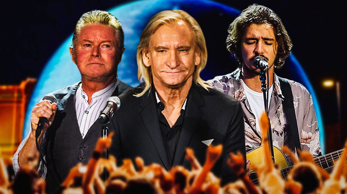 Eagles band members Don Henley, Joe Walsh, and Deacon Frey in front of the Sphere.