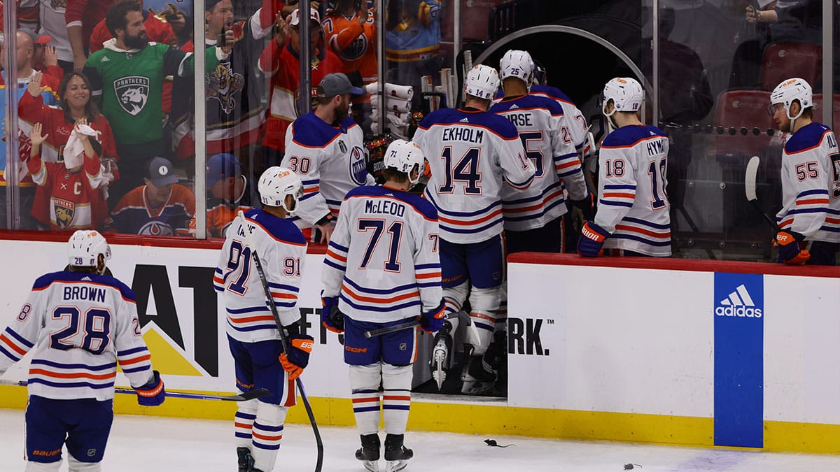 Edmonton Oilers leave the ice after the loss in during the third period against the Florida Panthers in game two of the 2024 Stanley Cup Final at Amerant Bank Arena.