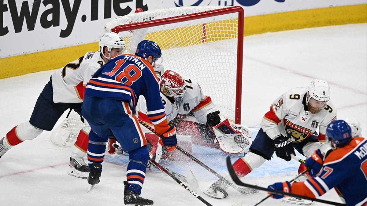 Edmonton Oilers left wing Zach Hyman (18) shoots the puck on Florida Panthers goaltender Sergei Bobrovsky (72) in the third period in game three of the 2024 Stanley Cup Final at Rogers Place.