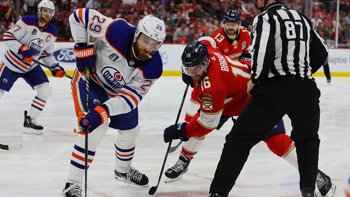 Edmonton Oilers forward Leon Draisaitl (29) faces off against Florida Panthers forward Aleksander Barkov (16) during the second period in game two of the 2024 Stanley Cup Final