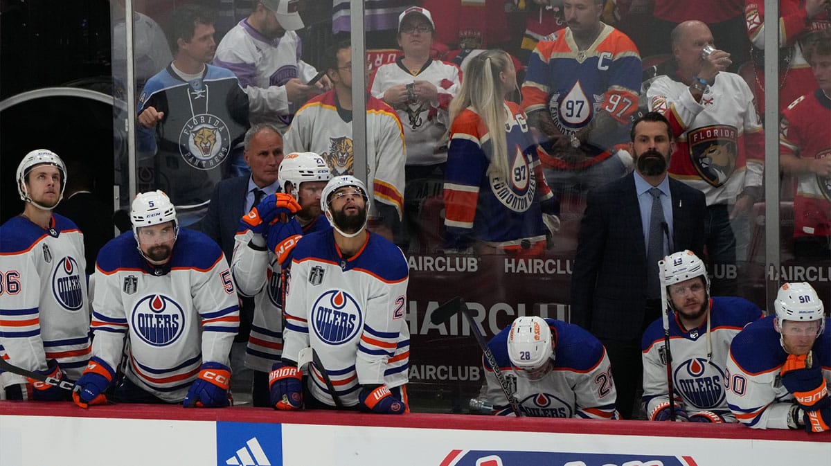 Edmonton Oilers react to the loss against the Florida Panthers in game one of the 2024 Stanley Cup Final at Amerant Bank Arena.