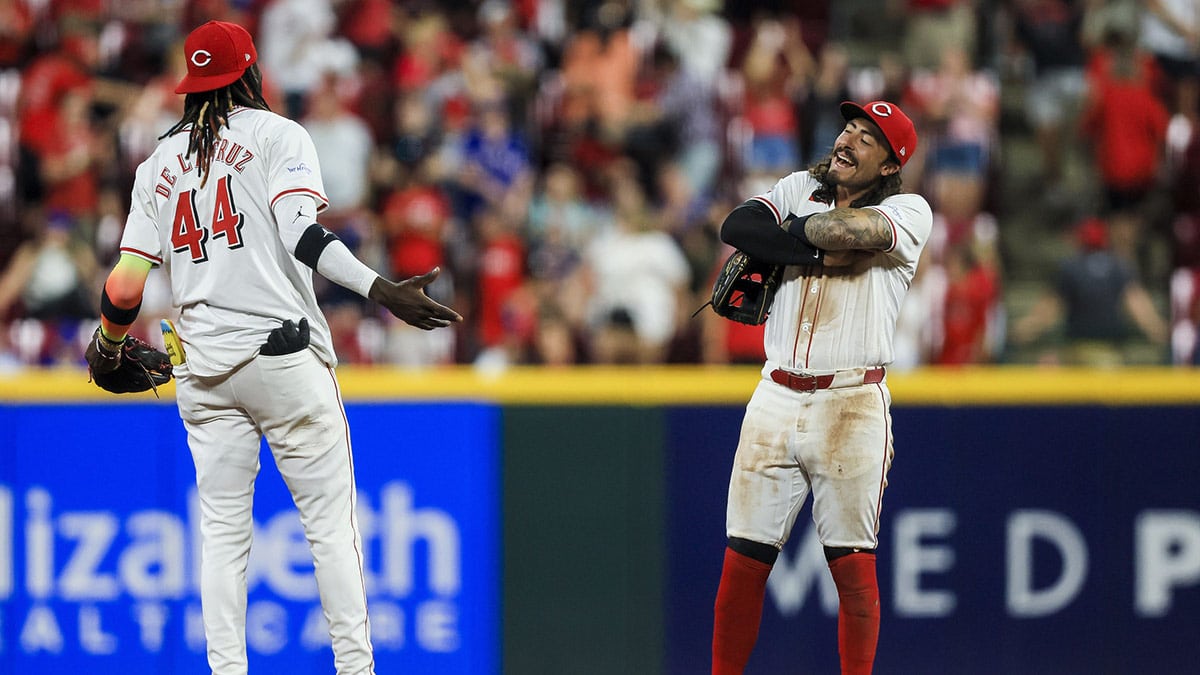 Cincinnati Reds shortstop Elly De La Cruz (44) reacts with second baseman Jonathan India (6) after the victory over the Chicago Cubs at Great American Ball Park.