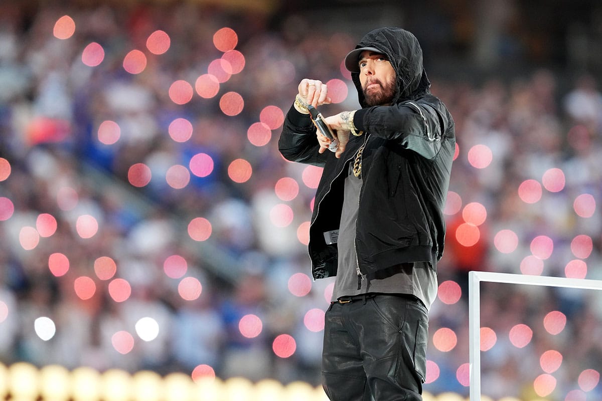 Eminem performs during halftime of Super Bowl 56 between the Los Angeles Rams and the Cincinnati Bengals
