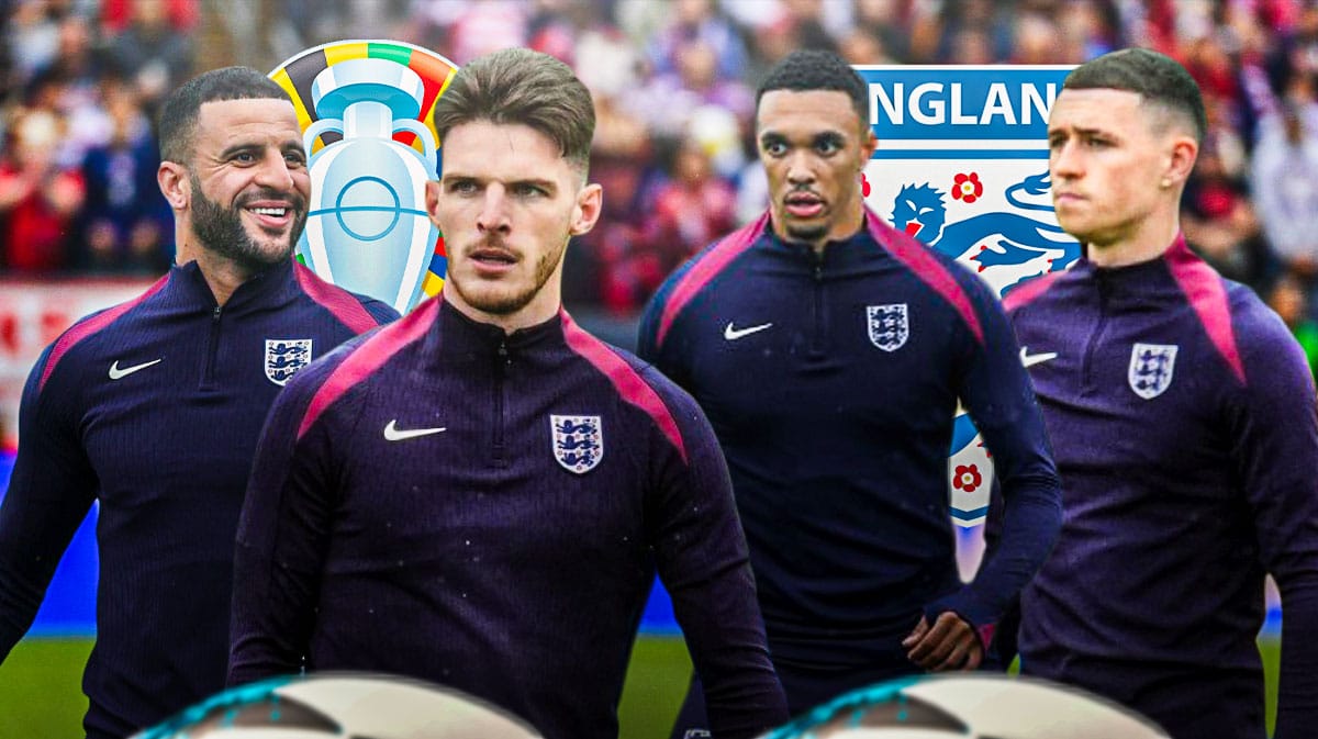 Declan Rice, Kyle Walker, Phil Foden, Trent Alexander Arnold in front of the Euro 2024 and England team logos