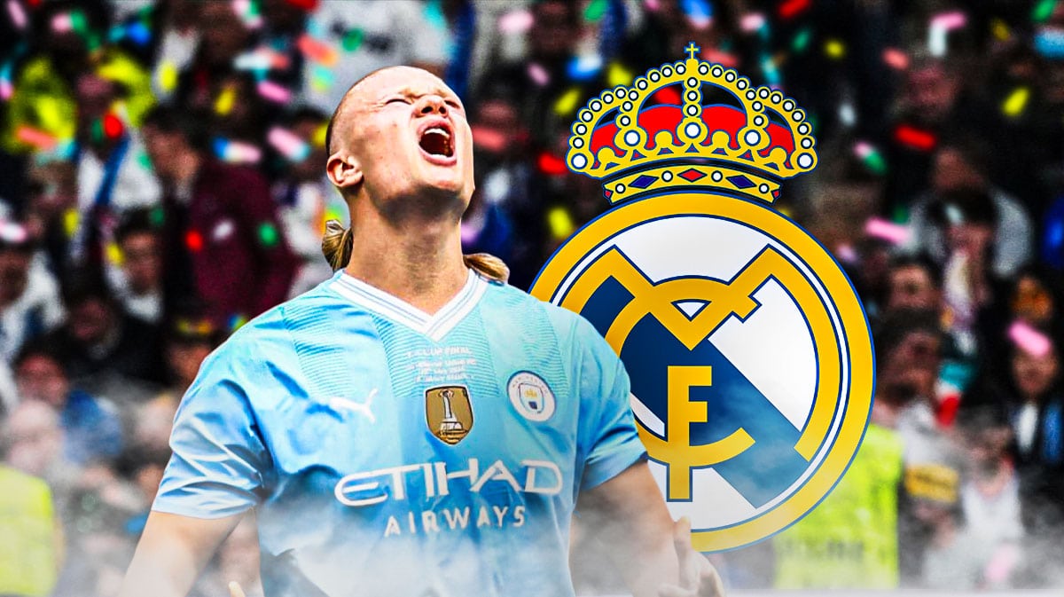 Erling Haaland celebrating in front of the Real Madrid logo