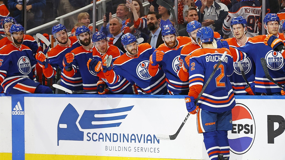 The Edmonton Oilers celebrate a goal scored by defensemen Evan Bouchard (2) during the first period against the Dallas Stars in game four of the Western Conference Final of the 2024 Stanley Cup Playoffs at Rogers Place.