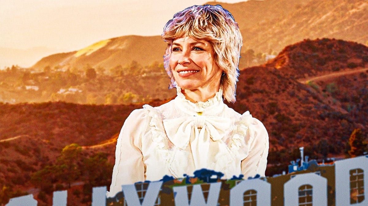 Evangeline Lilly in front of the Hollywood sign.