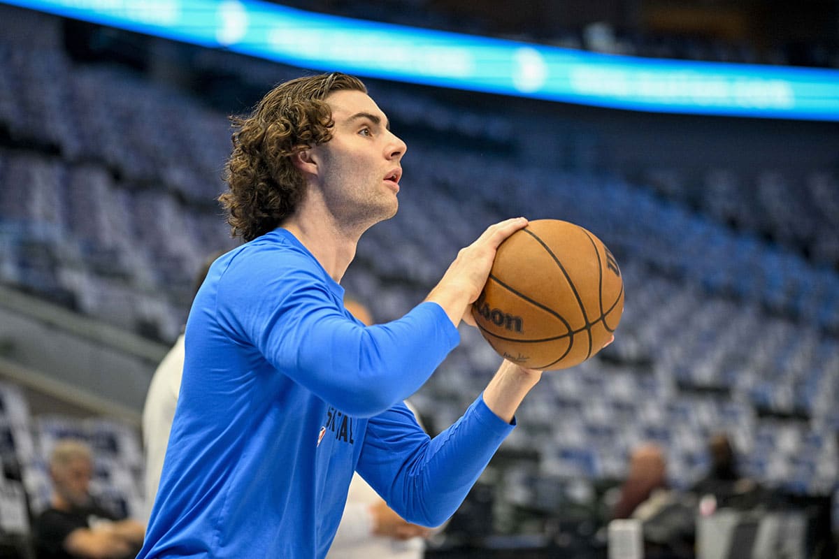 Oklahoma City Thunder guard Josh Giddey (3) warms up before the game between the Dallas Mavericks and the Oklahoma City Thunder in game four of the second round for the 2024 NBA playoffs at American Airlines Center.