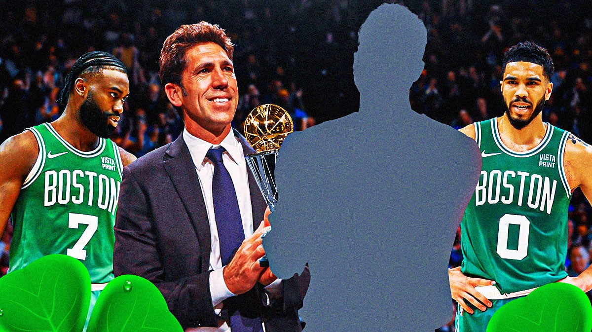 Celtics players looking at GM Bob Myers giving FMVP to mystery player