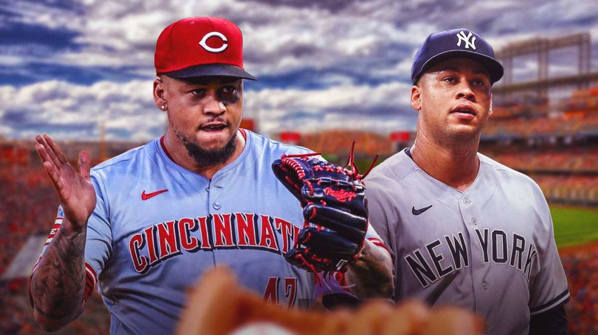 Reds' Frankie Montas hyped up, with a version of him in a Yankees uni on the side, Coors Field background