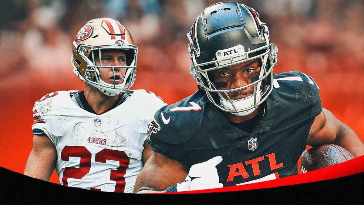 Falcons Raheem Morris and Kirk Cousins with Bijan Robinson and Christian McCaffrey