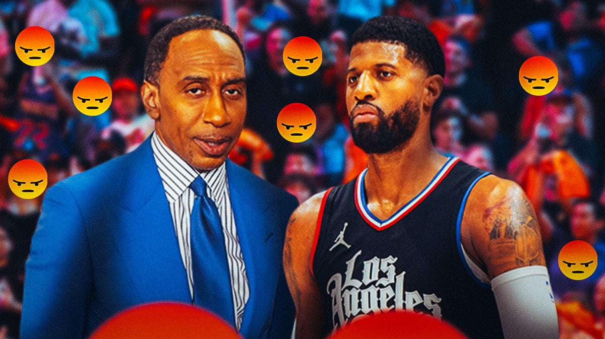 Stephen A. Smith and Paul George on one side, a bunch of Los Angeles Clippers fans on the other side with angry emojis around them
