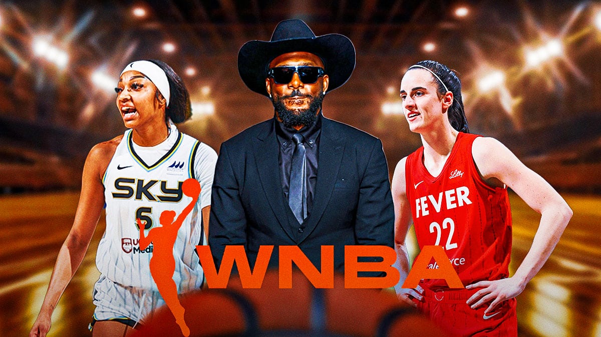 Former NFL wide receiver Dez Bryant with Indiana Fever guard Caitlin Clark and Chicago Sky forward Angel Reese. There is also a logo for the WNBA.