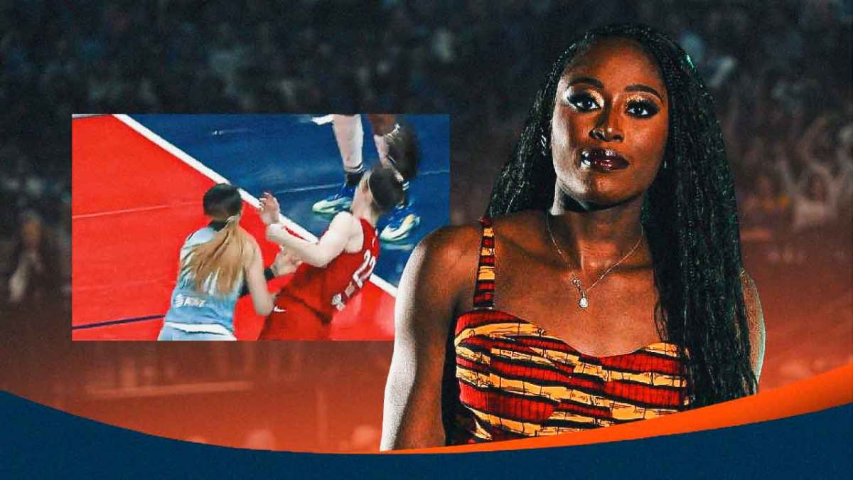 In background, need the image of Chennedy Carter knocking Caitlin Clark over from the recent Sky-Fever WNBA game. In front, need Chiney Ogwumike.