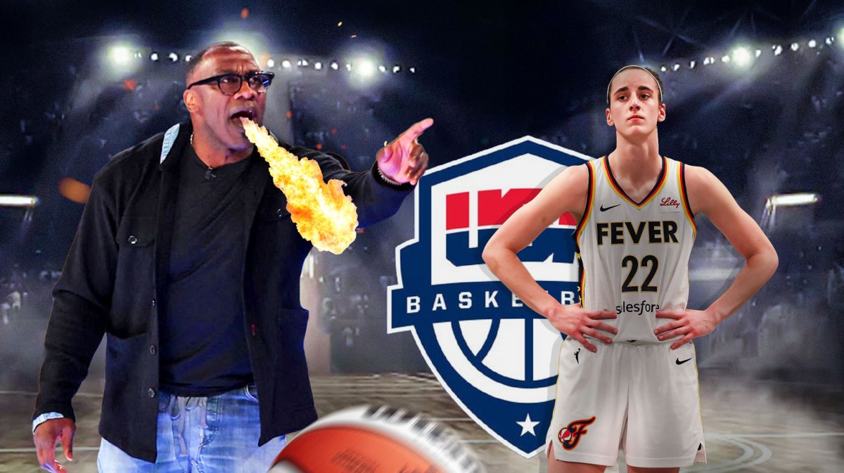 Shannon Sharpe breathing fire at the Team USA logo Caitlin Clark in the background.