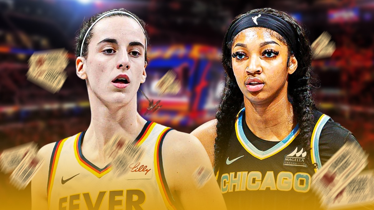 Indiana Fever player Caitlin Clark and Chicago Sky player Angel Reese, both on a basketball court in front of a large crowd, with ticket emojis around the image