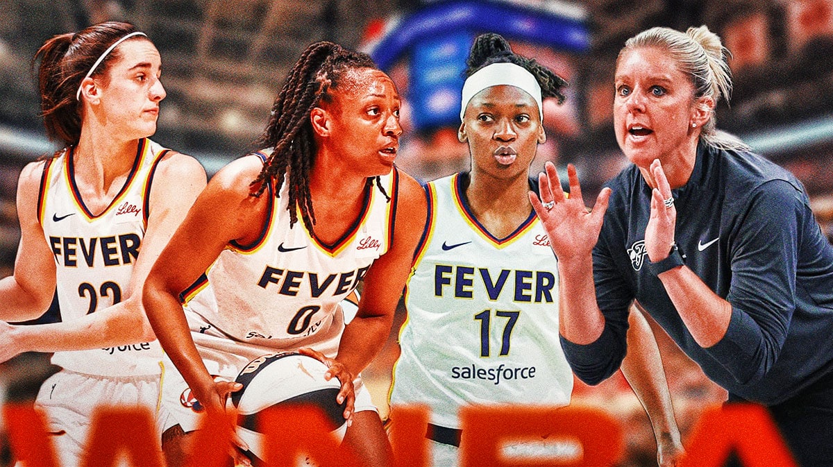 Caitlin Clark, Kelsey Mitchell, and Erica Wheeler all in Fever jerseys in the foreground doing something different (scoring, passing running, etc). With Christie Sides in the background coaching. All in Capital One Arena.