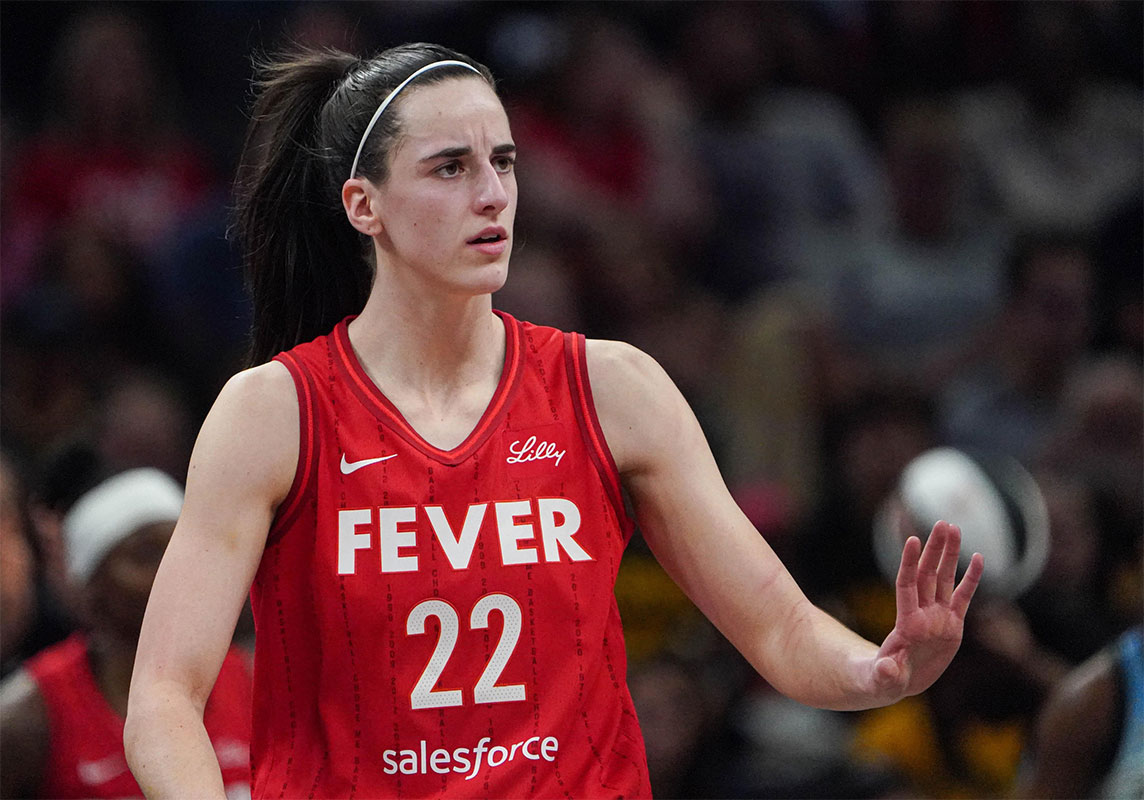 Indiana Fever guard Caitlin Clark (22) reacts to a call during a game between the Indiana Fever and the Chicago Sky on Saturday, June 1, 2024, at Grainbridge Fieldhouse in Indianapolis.