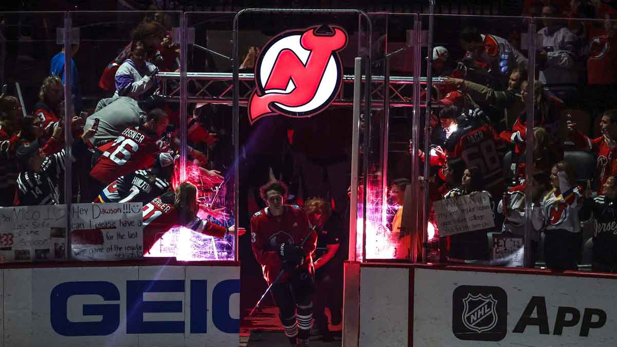 New Jersey Devils defenseman Luke Hughes (43) takes the ice during warm ups before the game between the Devils and the Buffalo Sabres at Prudential Center.