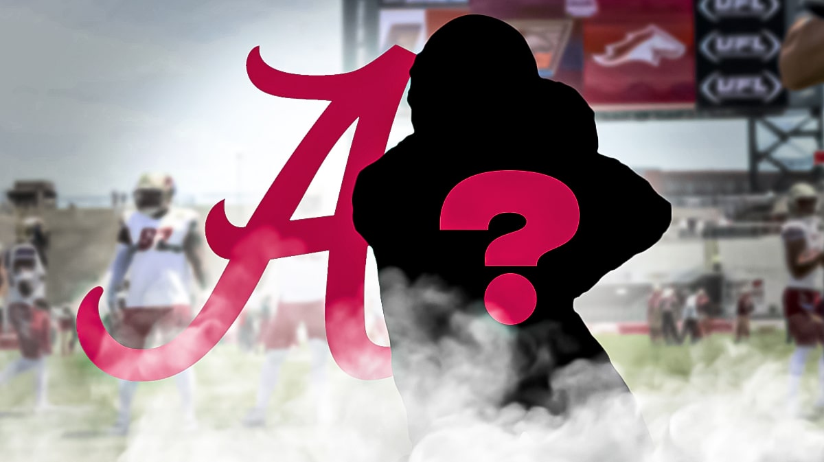 A silhouette of an American football player with a big question mark emoji inside. There is also a logo for the University of Alabama.
