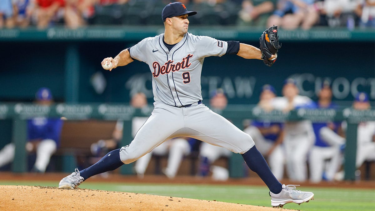  Detroit Tigers pitcher Jack Flaherty (9) throws during the first inning against the Texas Rangers at Globe Life Field. 
