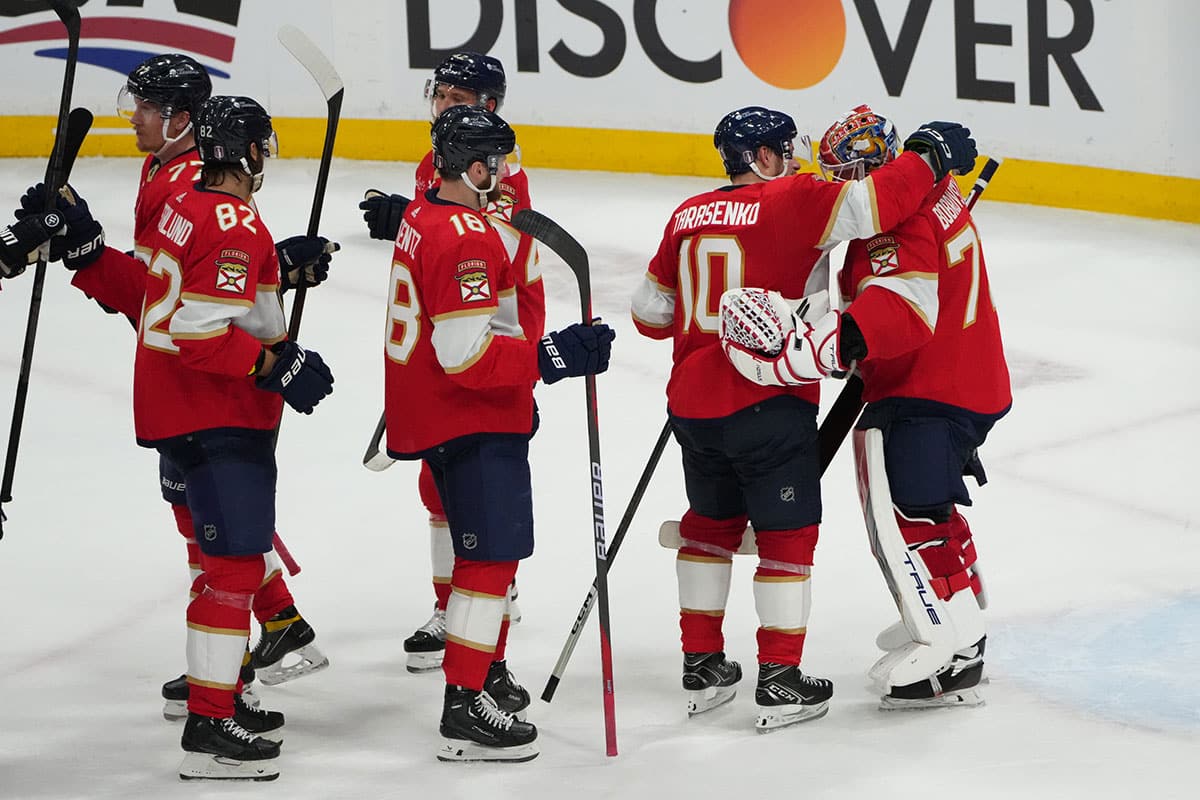 Florida Panthers celebrate the win against the Edmonton Oilers in game one of the 2024 Stanley Cup Final at Amerant Bank Arena.