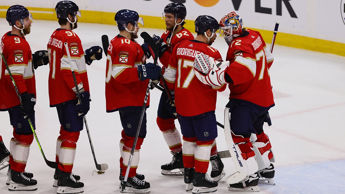Florida Panthers celebrate the win against the Edmonton Oilers in game two of the 2024 Stanley Cup Final at Amerant Bank Arena.