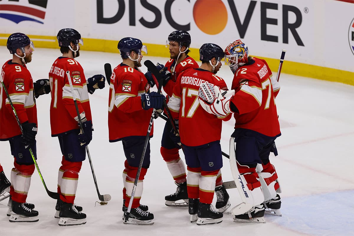 Florida Panthers celebrate the win against the Edmonton Oilers in game two of the 2024 Stanley Cup Final at Amerant Bank Arena.